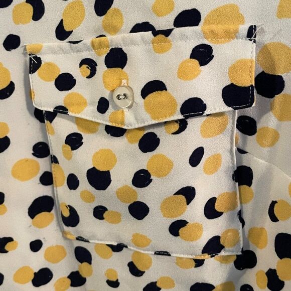 Denim & Co. Stretch Crepe Printed Dot Point Collar Shirt Navy/Yellow XL - Picture 4 of 14